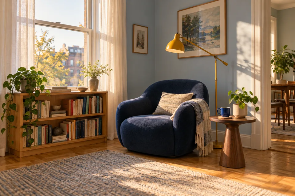 Coin lecture avec fauteuil bleu, bibliothèque en bois et lampe jaune