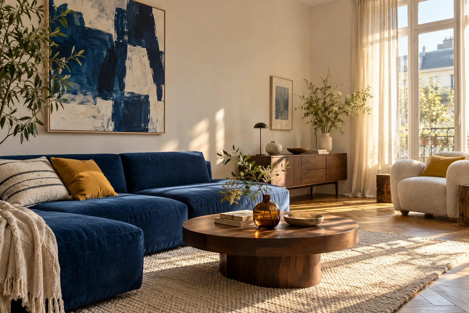 Salon lumineux avec canapé bleu, table en bois et rideaux légers