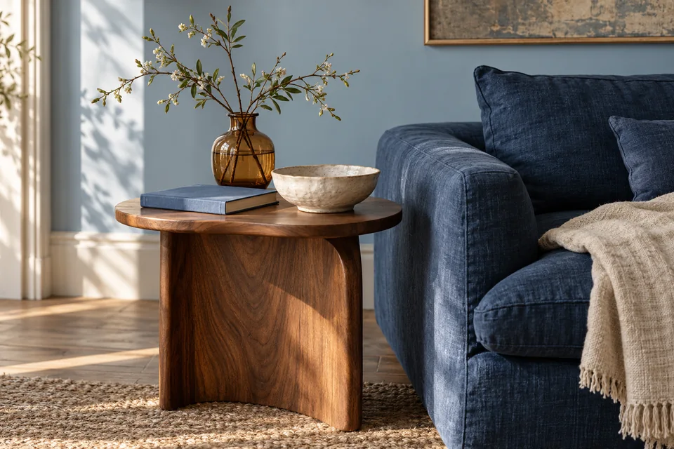Table en bois, céramique claire et tissu près d’un canapé bleu